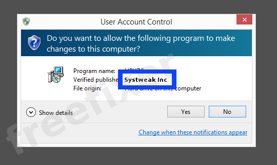 Screenshot where Systweak Inc appears as the verified publisher in the UAC dialog